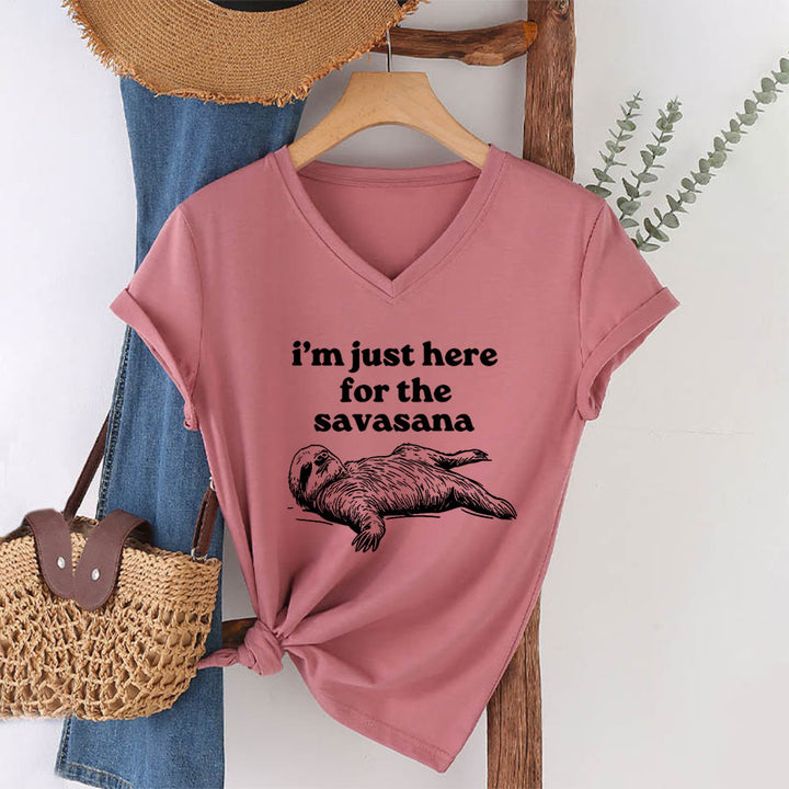 Olivenorma Humorous Sloth "Savasana" Quote Graphic V-Neck T-Shirt - image 7
