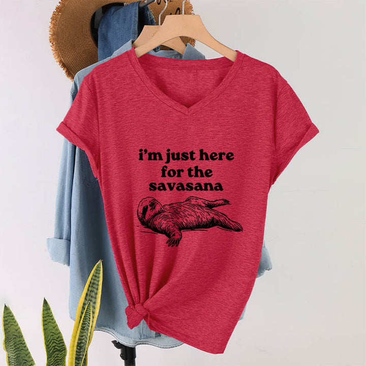 Olivenorma Humorous Sloth "Savasana" Quote Graphic V-Neck T-Shirt - image 28
