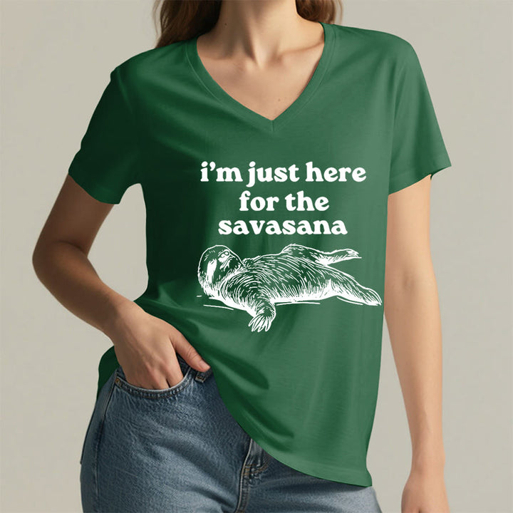 Olivenorma Humorous Sloth "Savasana" Quote Graphic V-Neck T-Shirt - image 2
