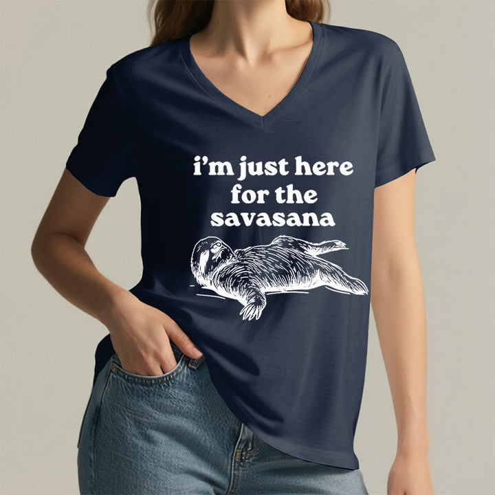 Olivenorma Humorous Sloth "Savasana" Quote Graphic V-Neck T-Shirt - image 23
