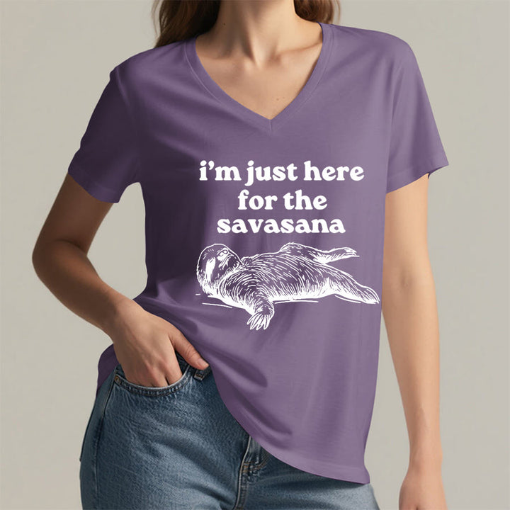 Olivenorma Humorous Sloth "Savasana" Quote Graphic V-Neck T-Shirt - image 38