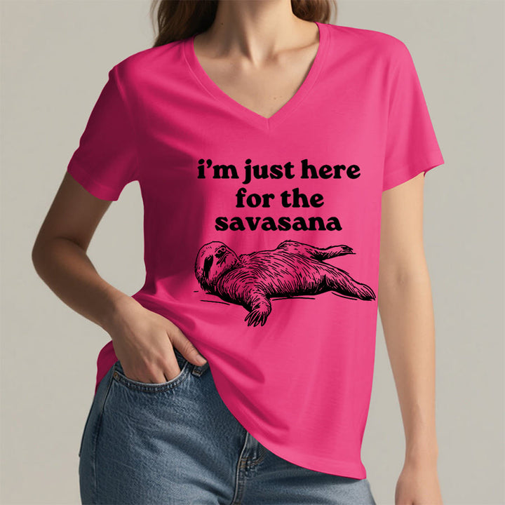 Olivenorma Humorous Sloth "Savasana" Quote Graphic V-Neck T-Shirt - image 35