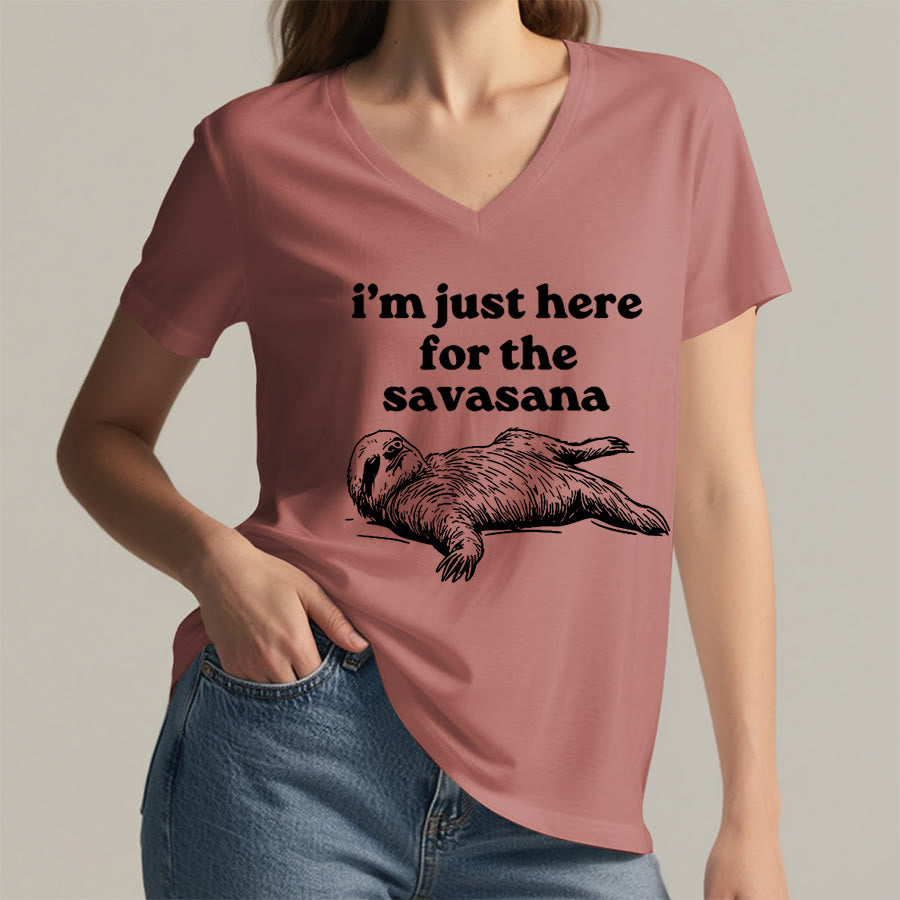 Olivenorma Humorous Sloth "Savasana" Quote Graphic V-Neck T-Shirt - image 8