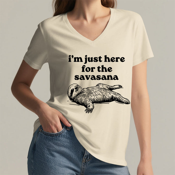 Olivenorma Humorous Sloth "Savasana" Quote Graphic V-Neck T-Shirt - image 5
