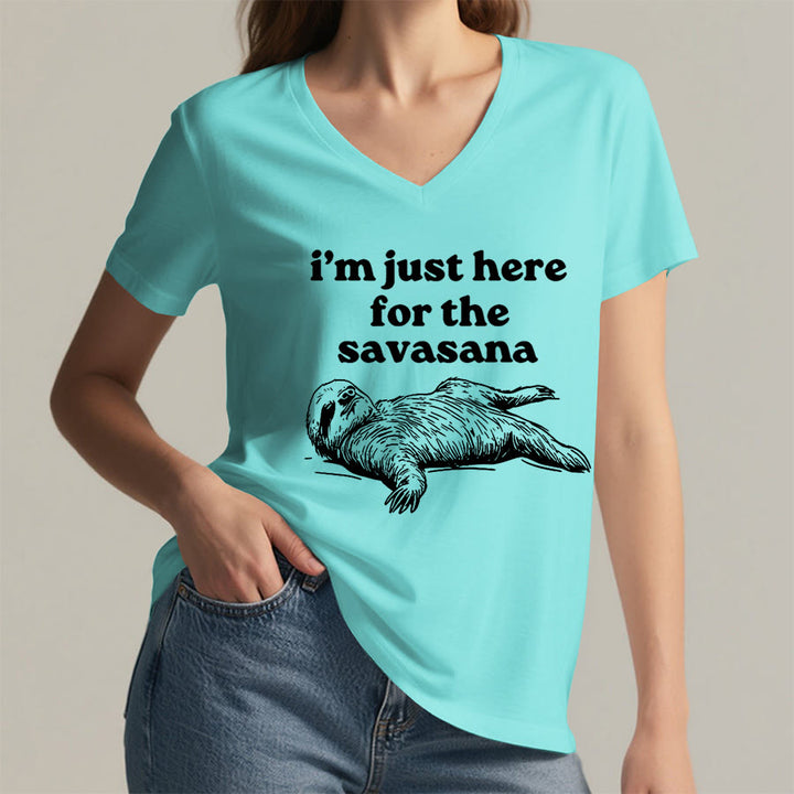 Olivenorma Humorous Sloth "Savasana" Quote Graphic V-Neck T-Shirt - image 11