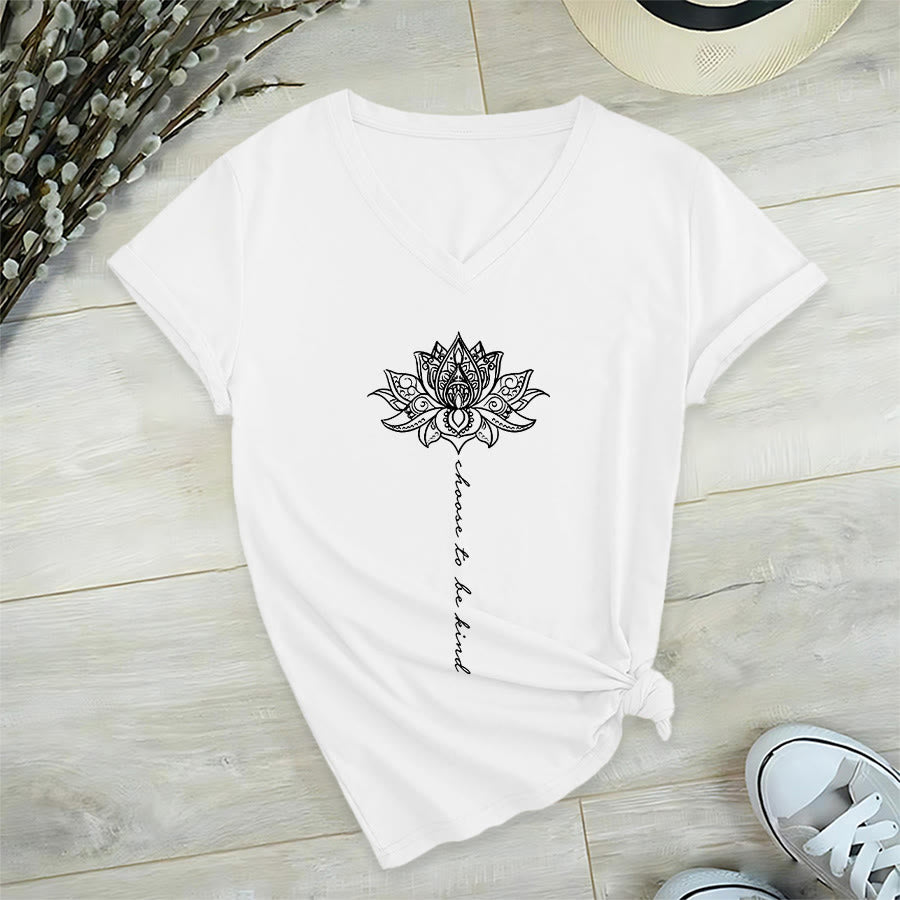 Olivenorma “Choose To Be Kind” Lotus Mandala Print V-Neck T-Shirt - White - 2XL - image 18