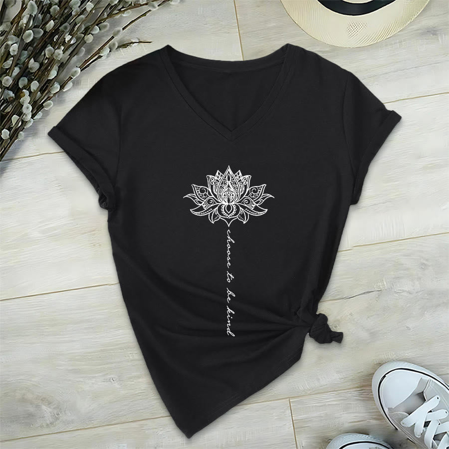 Olivenorma “Choose To Be Kind” Lotus Mandala Print V-Neck T-Shirt - Black - 2XL - image 12