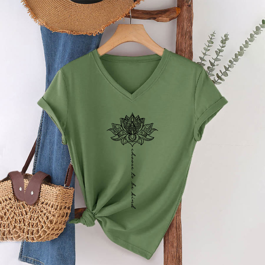 Olivenorma “Choose To Be Kind” Lotus Mandala Print V-Neck T-Shirt - image 25