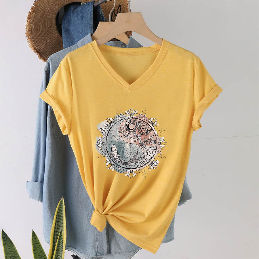 Olivenorma Intricate Yin Yang Nature Design With Tree and Koi V-Neck T-Shirt - Yellow - 2XL - image 30