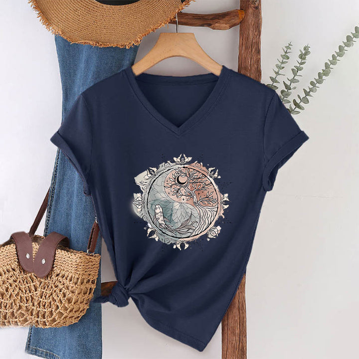 Olivenorma Intricate Yin Yang Nature Design With Tree and Koi V-Neck T-Shirt - Navy Blue - 2XL - image 18