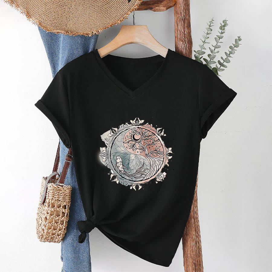 Olivenorma Intricate Yin Yang Nature Design With Tree and Koi V-Neck T-Shirt - Black - 2XL - image 12