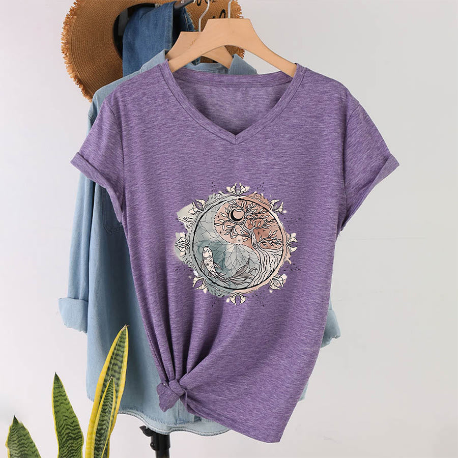 Olivenorma Intricate Yin Yang Nature Design With Tree and Koi V-Neck T-Shirt - Purple - 2XL - image 36