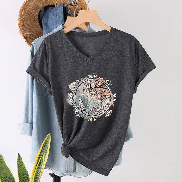Olivenorma Intricate Yin Yang Nature Design With Tree and Koi V-Neck T-Shirt - Gray - 2XL - image 15