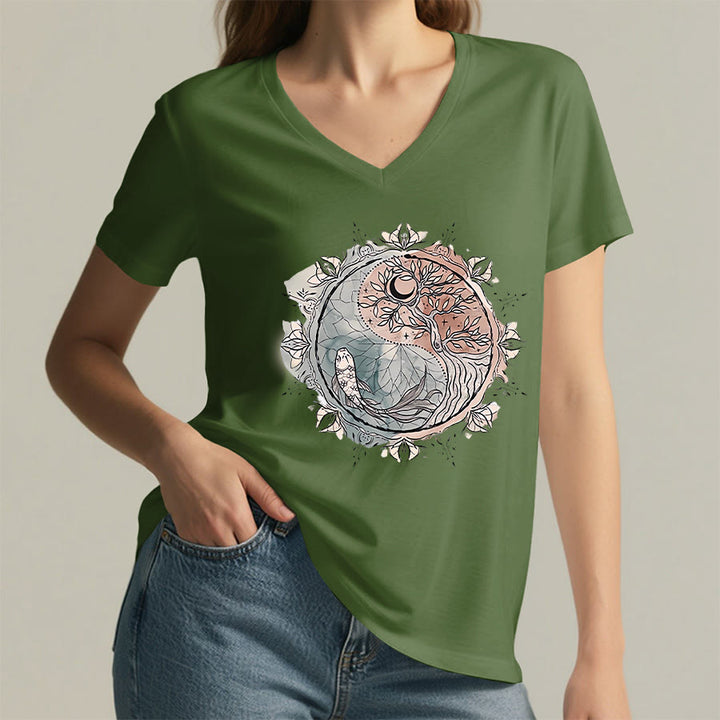 Olivenorma Intricate Yin Yang Nature Design With Tree and Koi V-Neck T-Shirt - image 25