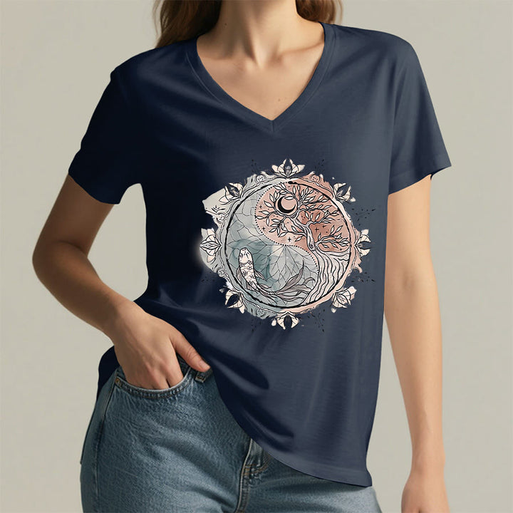 Olivenorma Intricate Yin Yang Nature Design With Tree and Koi V-Neck T-Shirt - image 19