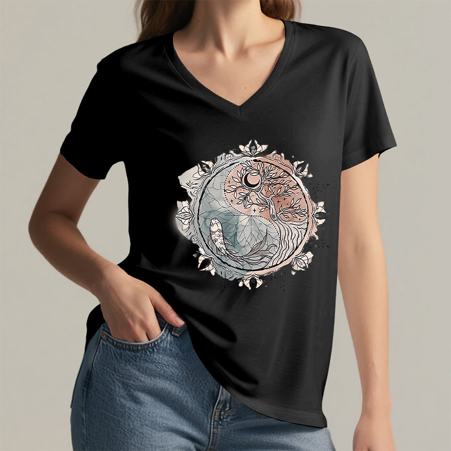 Olivenorma Intricate Yin Yang Nature Design With Tree and Koi V-Neck T-Shirt - image 13