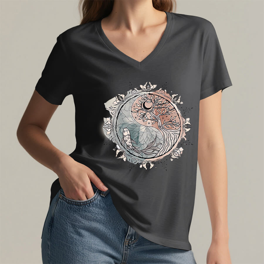 Olivenorma Intricate Yin Yang Nature Design With Tree and Koi V-Neck T-Shirt - image 16