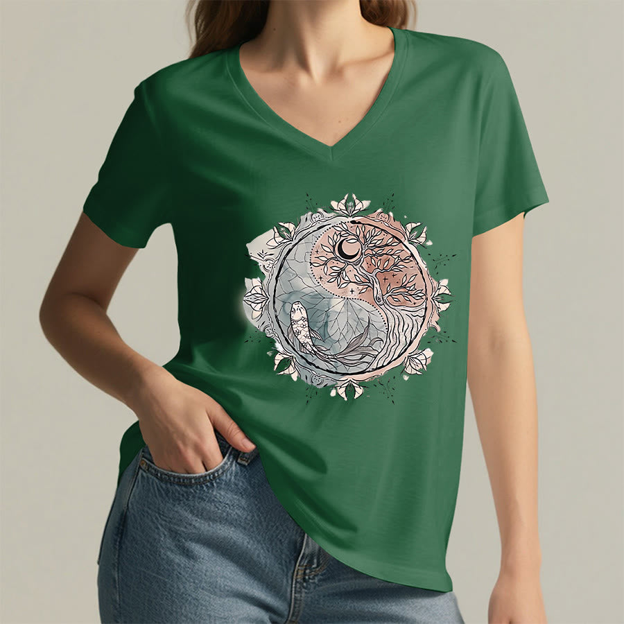 Olivenorma Intricate Yin Yang Nature Design With Tree and Koi V-Neck T-Shirt - image 22