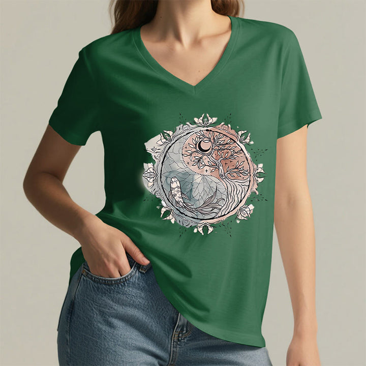 Olivenorma Intricate Yin Yang Nature Design With Tree and Koi V-Neck T-Shirt - image 22