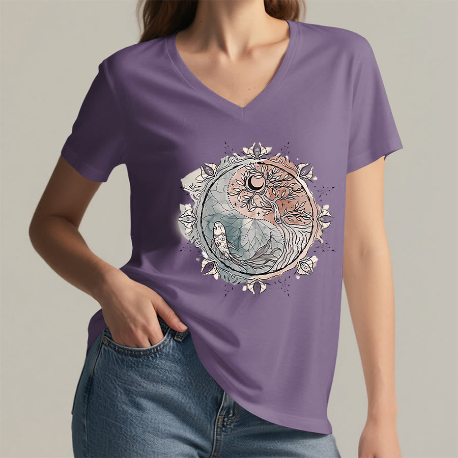 Olivenorma Intricate Yin Yang Nature Design With Tree and Koi V-Neck T-Shirt - image 37