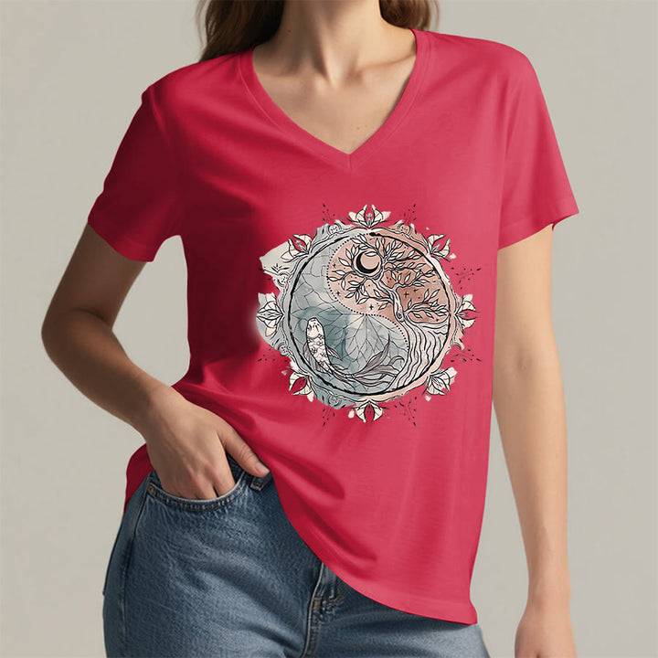 Olivenorma Intricate Yin Yang Nature Design With Tree and Koi V-Neck T-Shirt - image 28