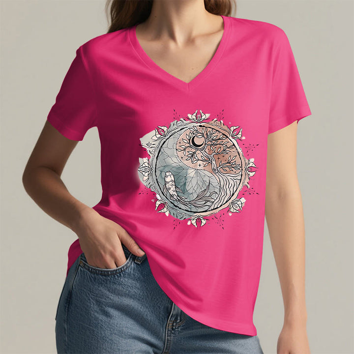 Olivenorma Intricate Yin Yang Nature Design With Tree and Koi V-Neck T-Shirt - image 34