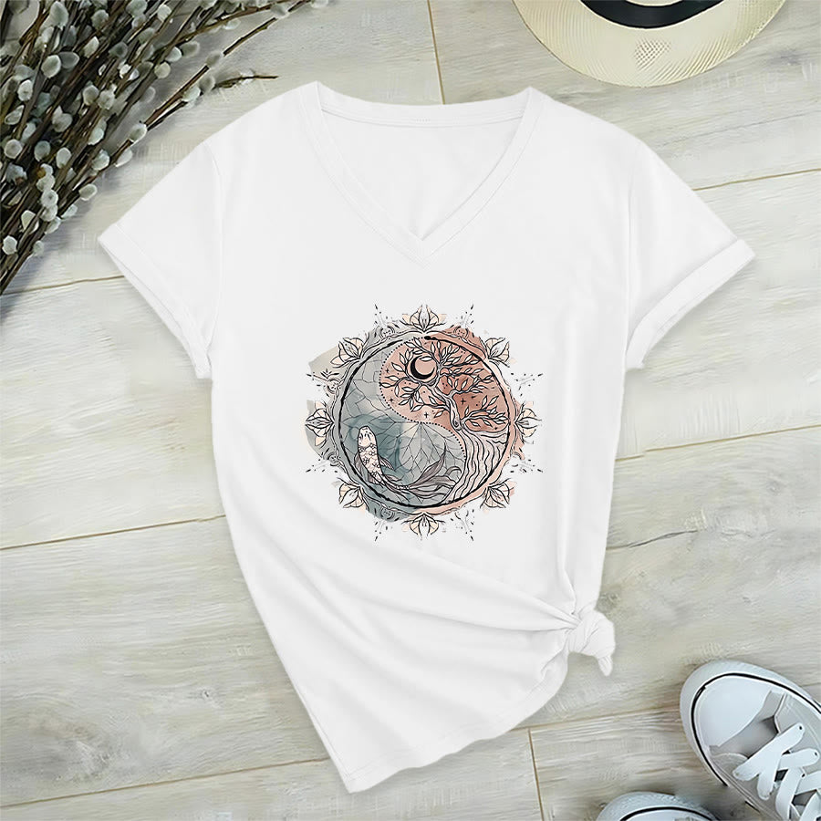 Olivenorma Intricate Yin Yang Nature Design With Tree and Koi V-Neck T-Shirt - image 2