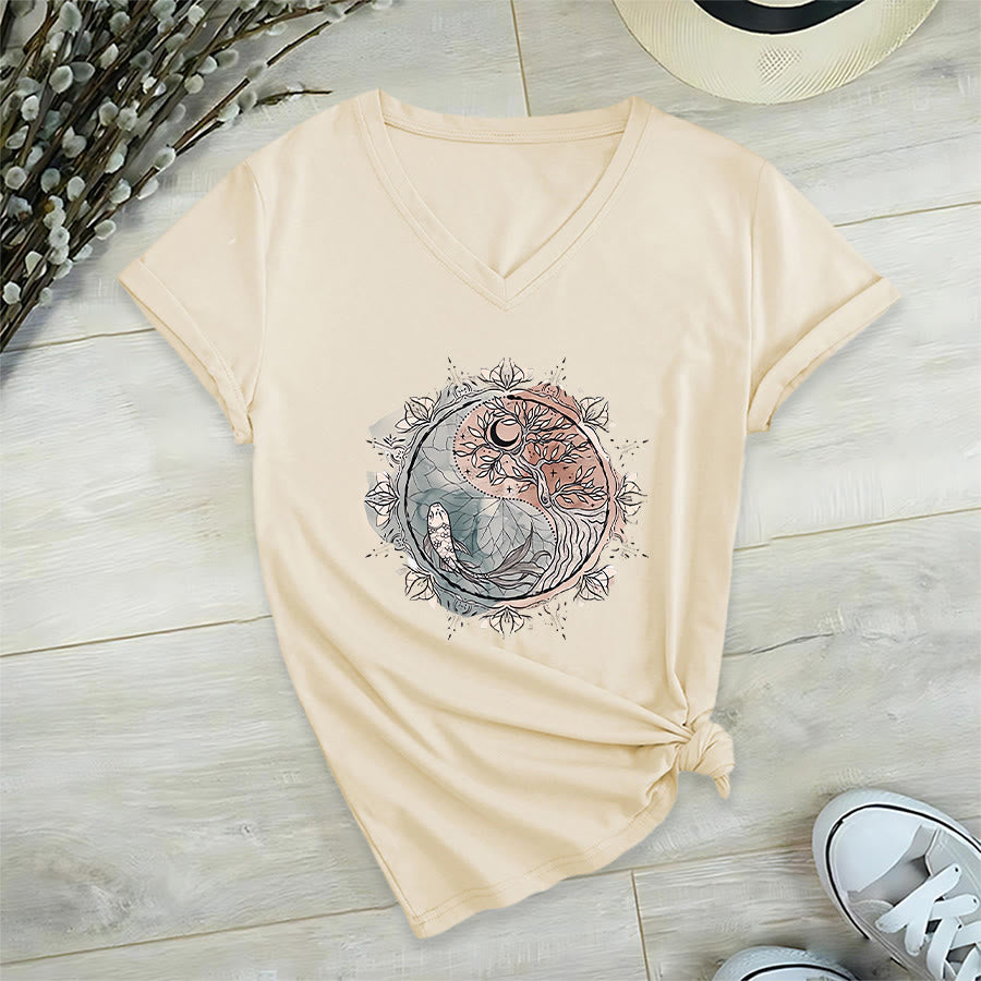 Olivenorma Intricate Yin Yang Nature Design With Tree and Koi V-Neck T-Shirt - image 5