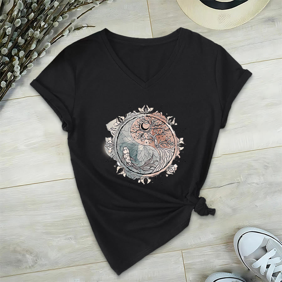 Olivenorma Intricate Yin Yang Nature Design With Tree and Koi V-Neck T-Shirt - image 14