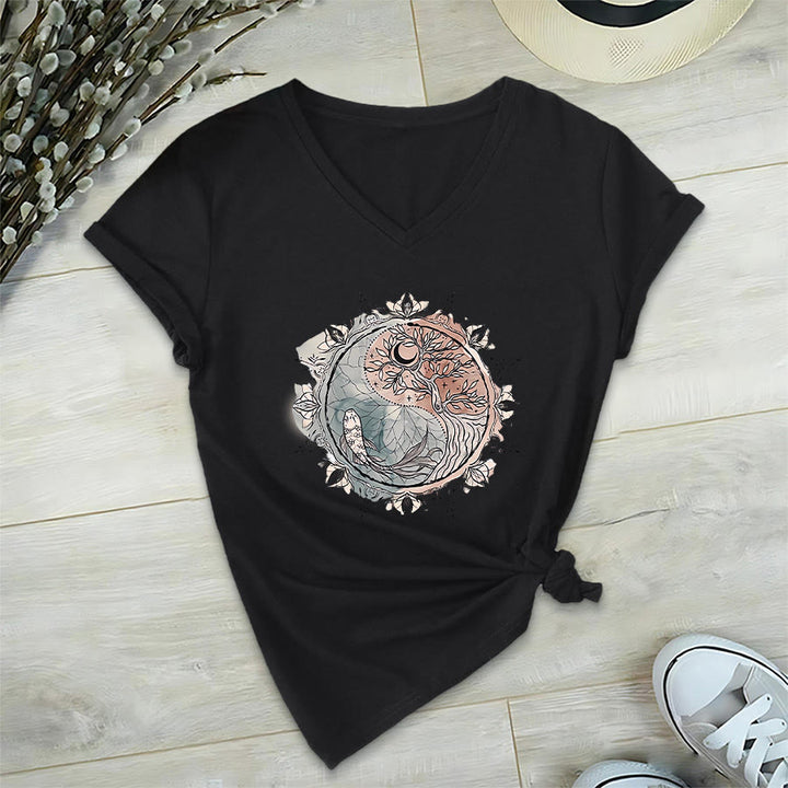 Olivenorma Intricate Yin Yang Nature Design With Tree and Koi V-Neck T-Shirt - image 14