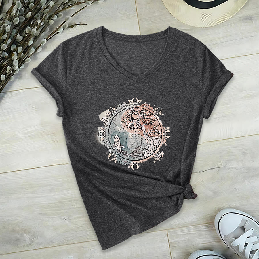 Olivenorma Intricate Yin Yang Nature Design With Tree and Koi V-Neck T-Shirt - image 17