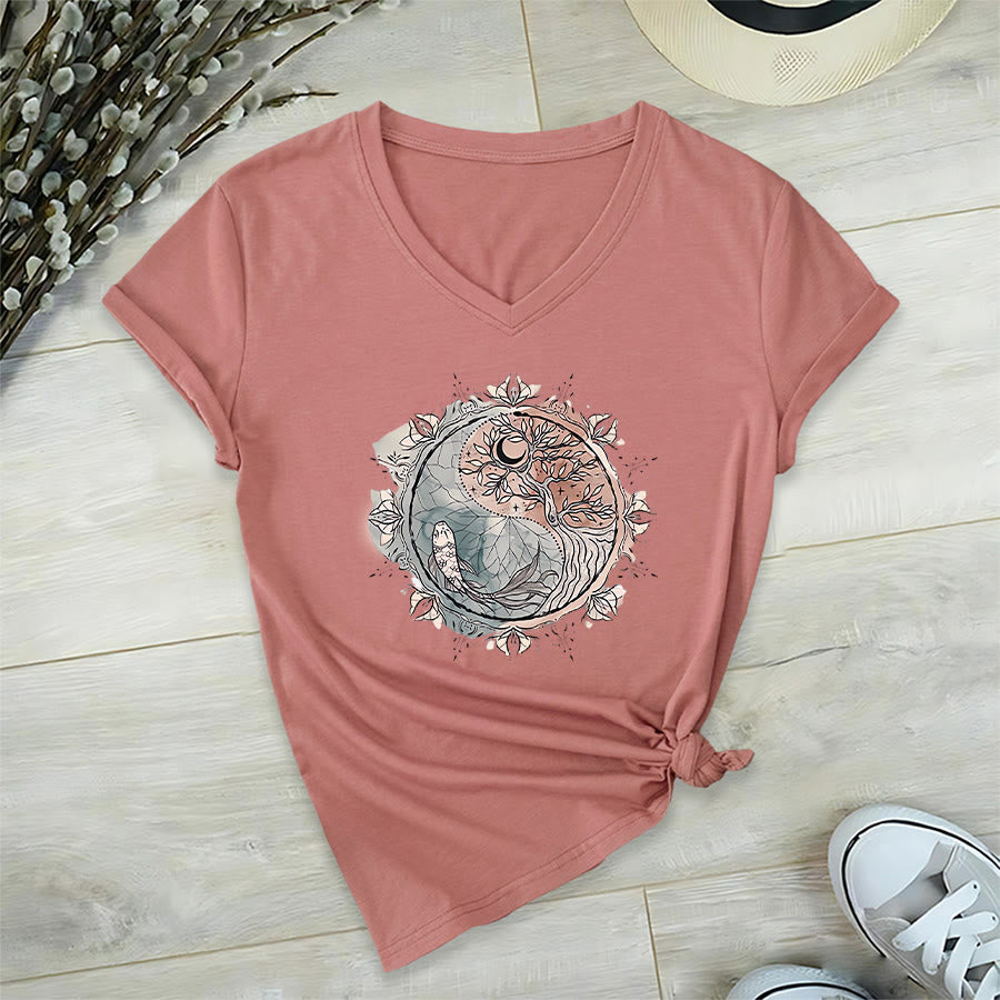 Olivenorma Intricate Yin Yang Nature Design With Tree and Koi V-Neck T-Shirt - image 8