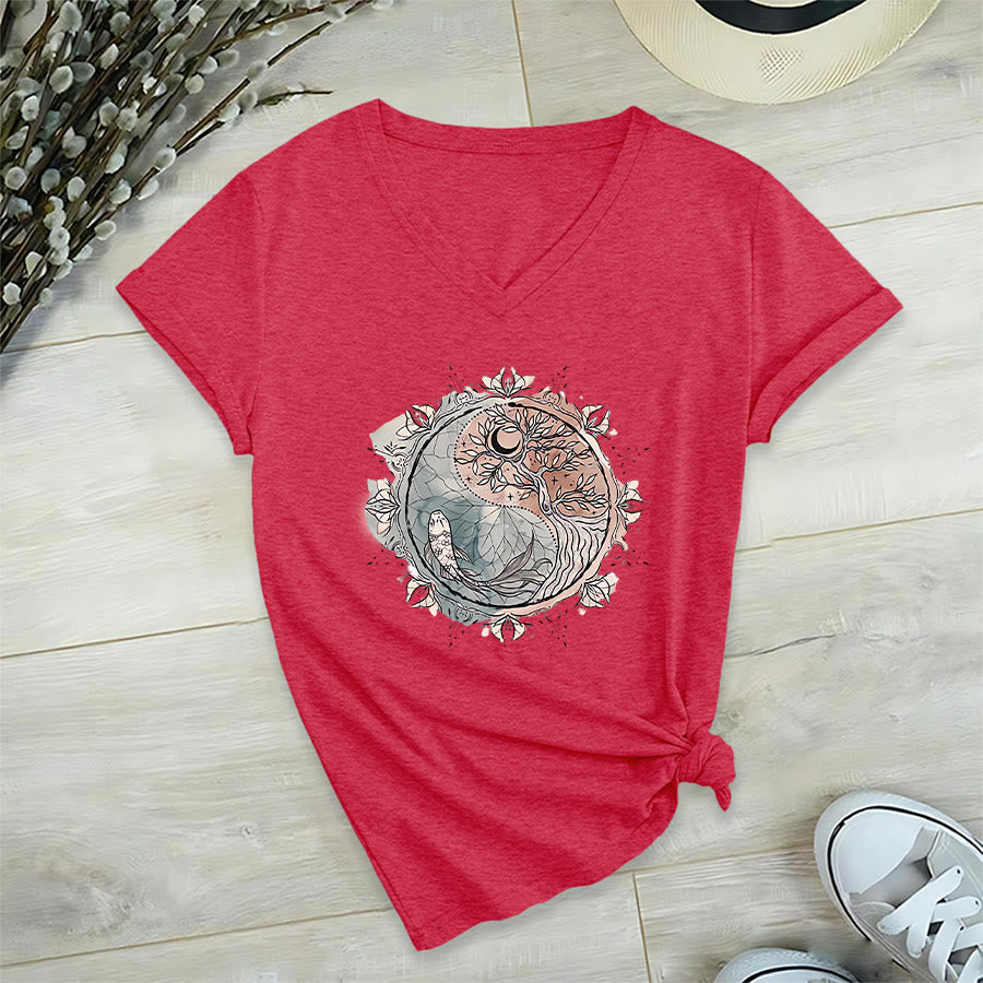 Olivenorma Intricate Yin Yang Nature Design With Tree and Koi V-Neck T-Shirt - image 29