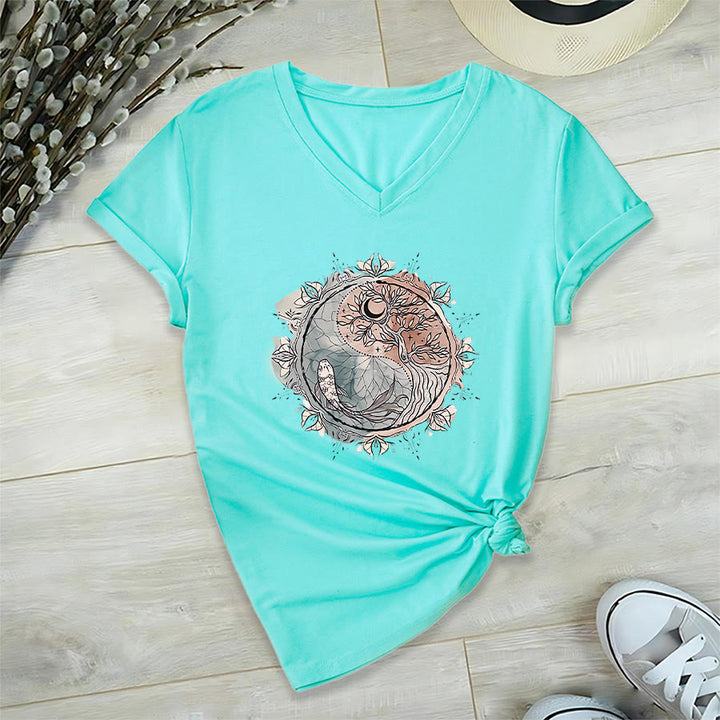 Olivenorma Intricate Yin Yang Nature Design With Tree and Koi V-Neck T-Shirt - image 11