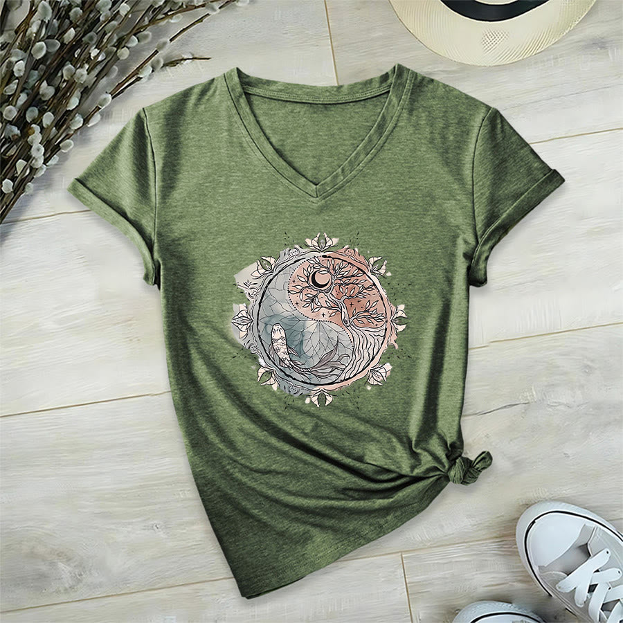 Olivenorma Intricate Yin Yang Nature Design With Tree and Koi V-Neck T-Shirt - image 26