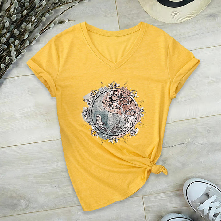 Olivenorma Intricate Yin Yang Nature Design With Tree and Koi V-Neck T-Shirt - image 32