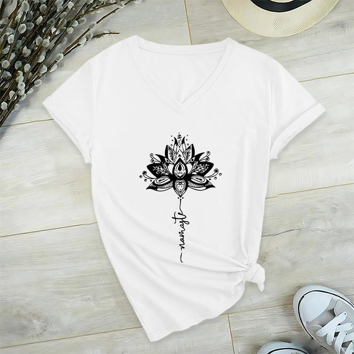 Olivenorma Intricate Lotus Mandala With Namaste Design V-Neck T-Shirt - White - 2XL - image 15