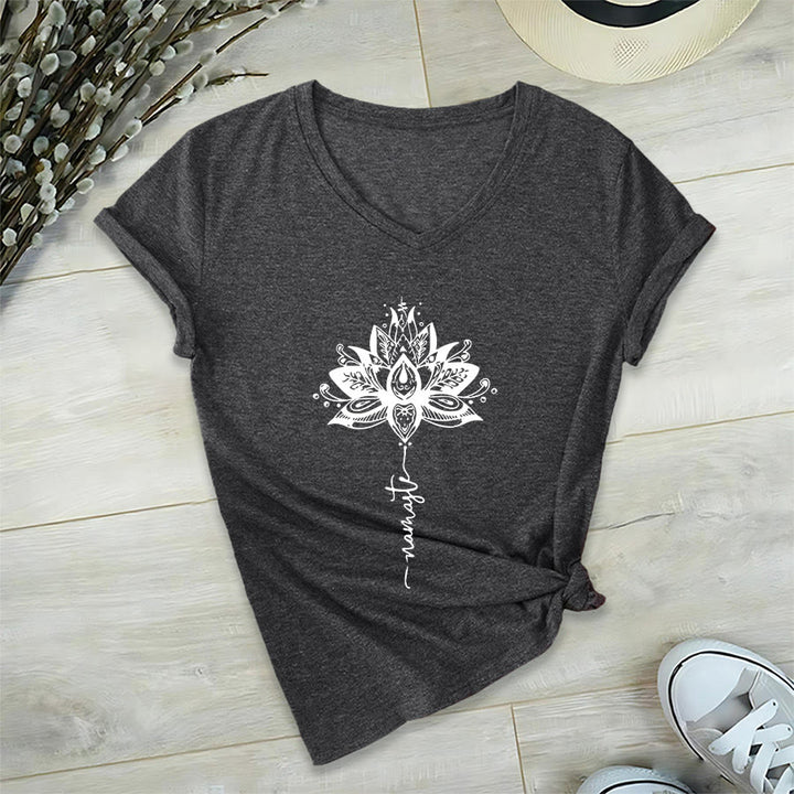 Olivenorma Intricate Lotus Mandala With Namaste Design V-Neck T-Shirt - Gray - 2XL - image 0