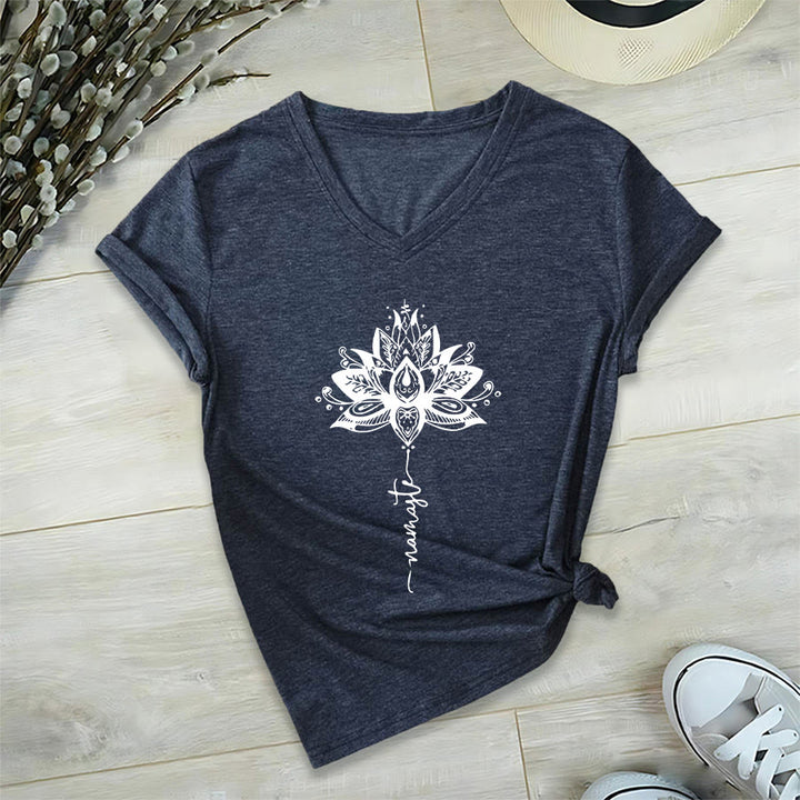 Olivenorma Intricate Lotus Mandala With Namaste Design V-Neck T-Shirt - Navy Blue - 2XL - image 18