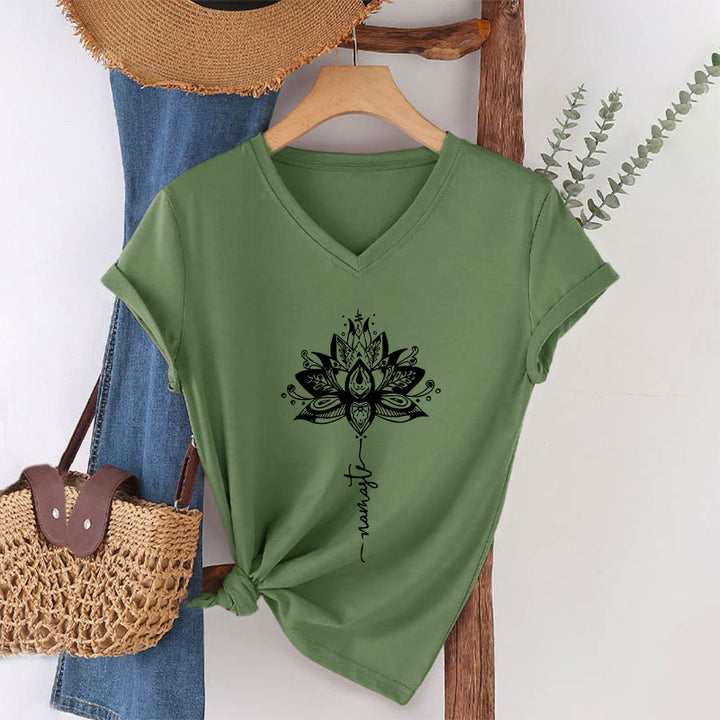 Olivenorma Intricate Lotus Mandala With Namaste Design V-Neck T-Shirt - image 25