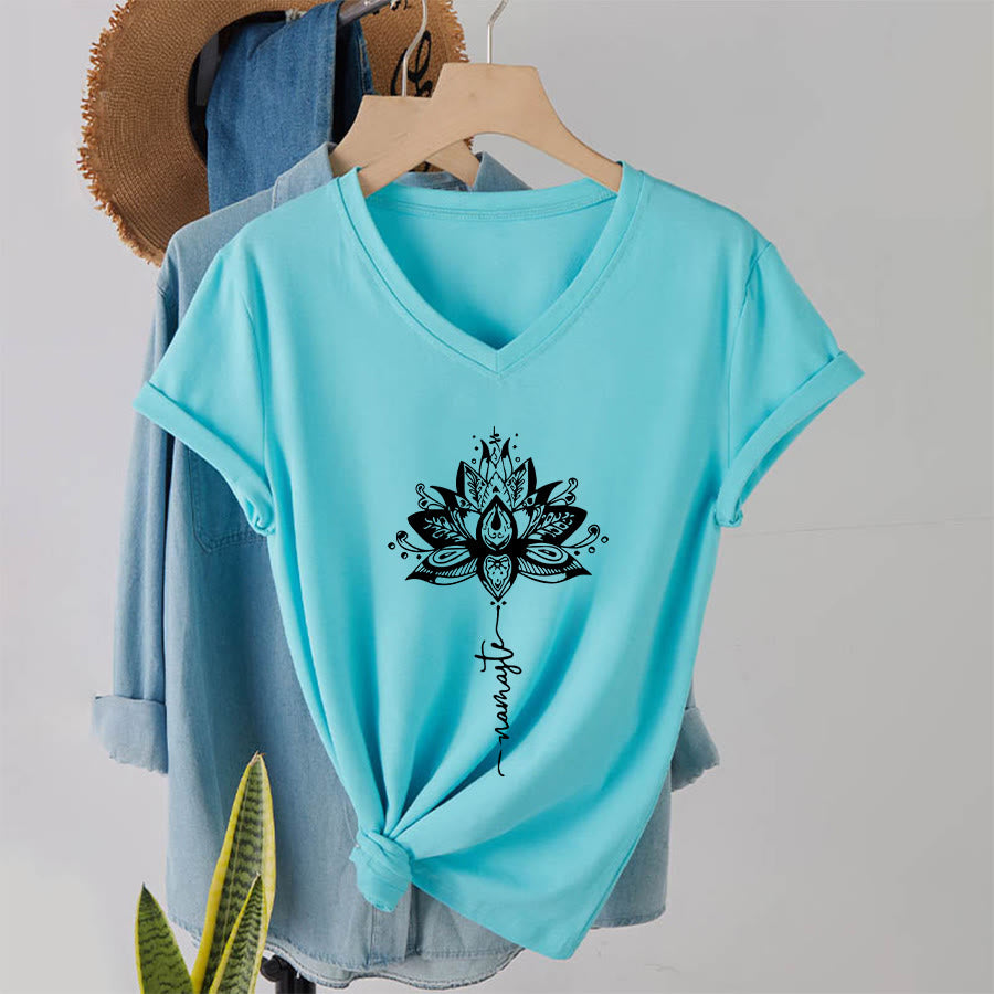 Olivenorma Intricate Lotus Mandala With Namaste Design V-Neck T-Shirt - image 10