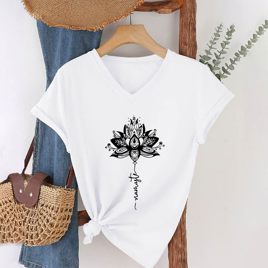 Olivenorma Intricate Lotus Mandala With Namaste Design V-Neck T-Shirt - image 16