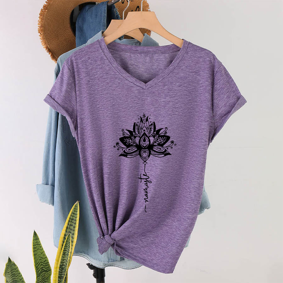 Olivenorma Intricate Lotus Mandala With Namaste Design V-Neck T-Shirt - image 37