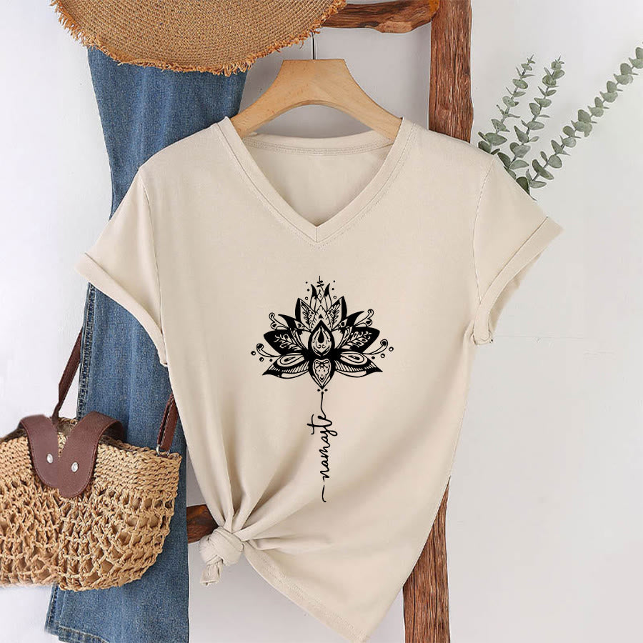 Olivenorma Intricate Lotus Mandala With Namaste Design V-Neck T-Shirt - image 4