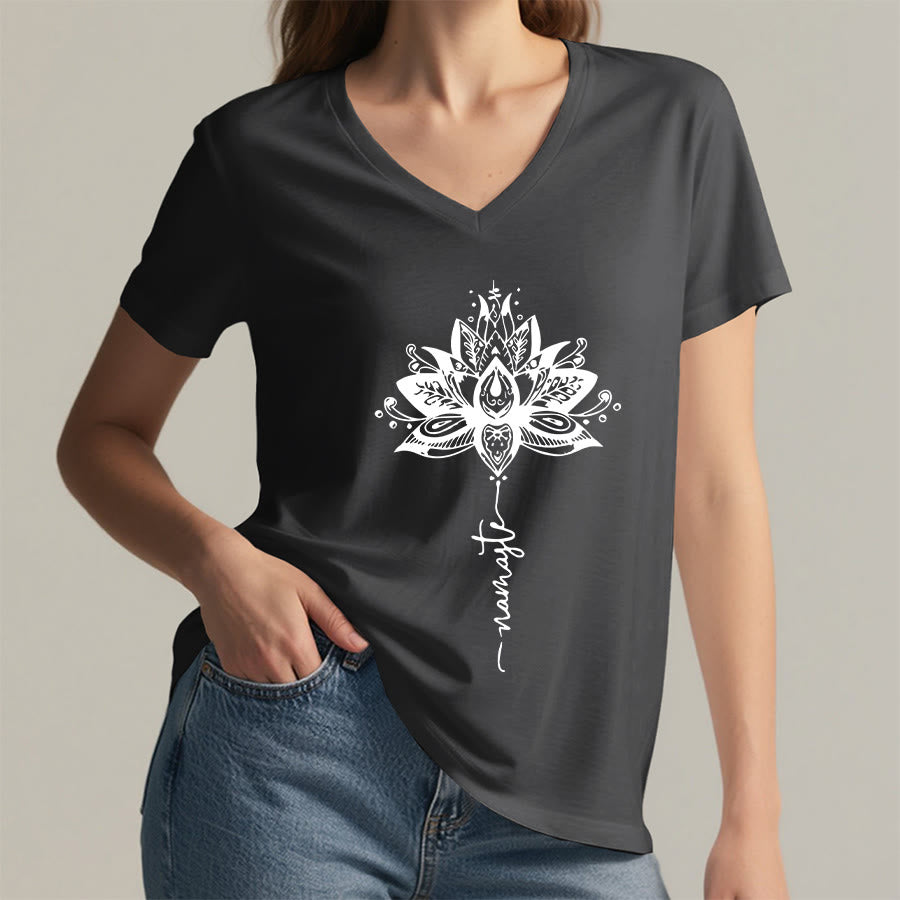 Olivenorma Intricate Lotus Mandala With Namaste Design V-Neck T-Shirt - image 2