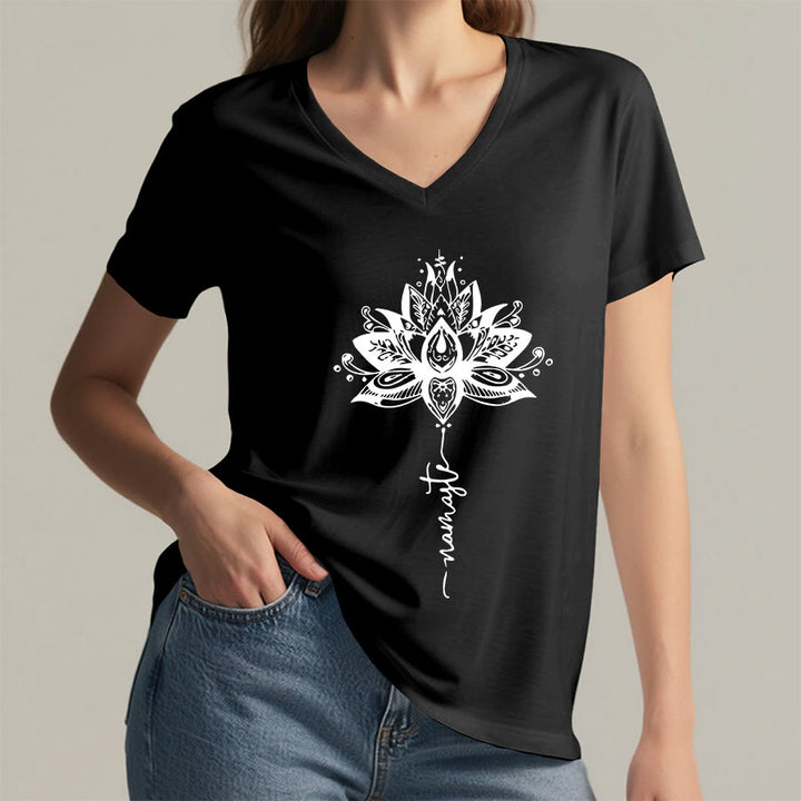 Olivenorma Intricate Lotus Mandala With Namaste Design V-Neck T-Shirt - image 14