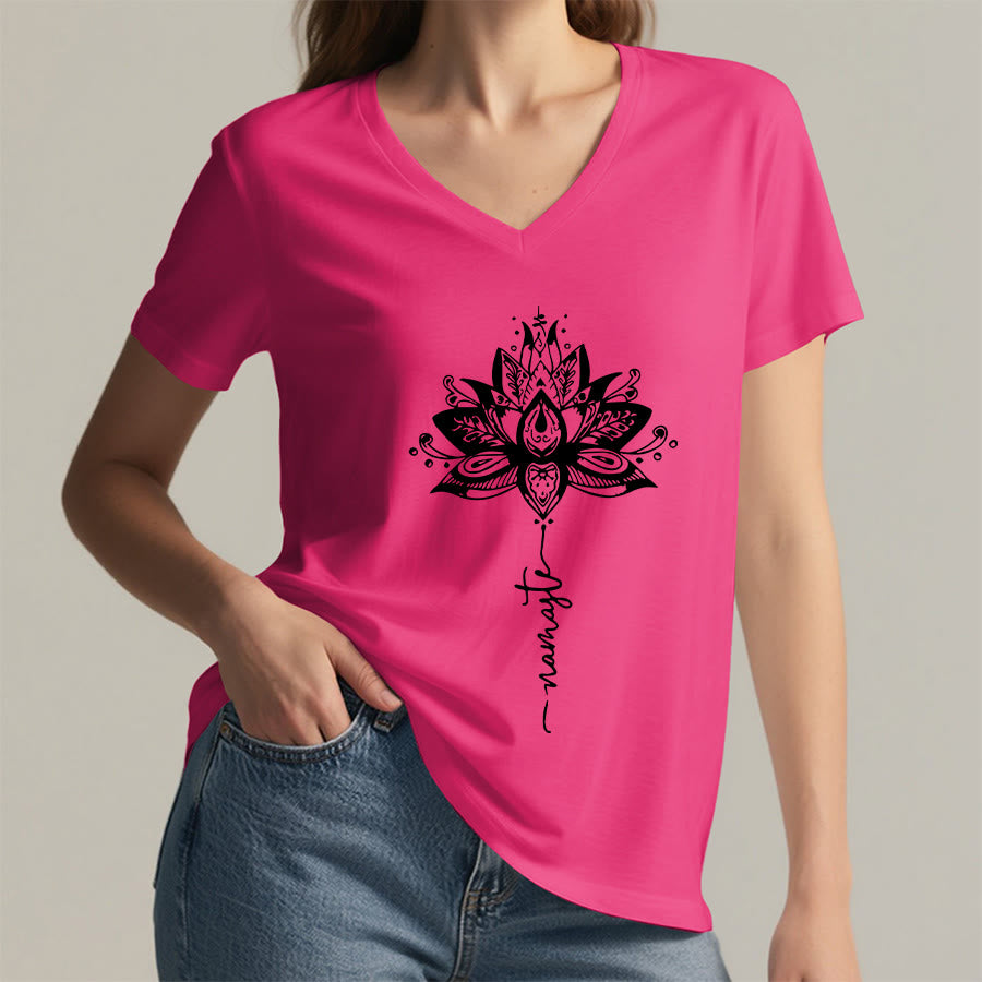 Olivenorma Intricate Lotus Mandala With Namaste Design V-Neck T-Shirt - image 35