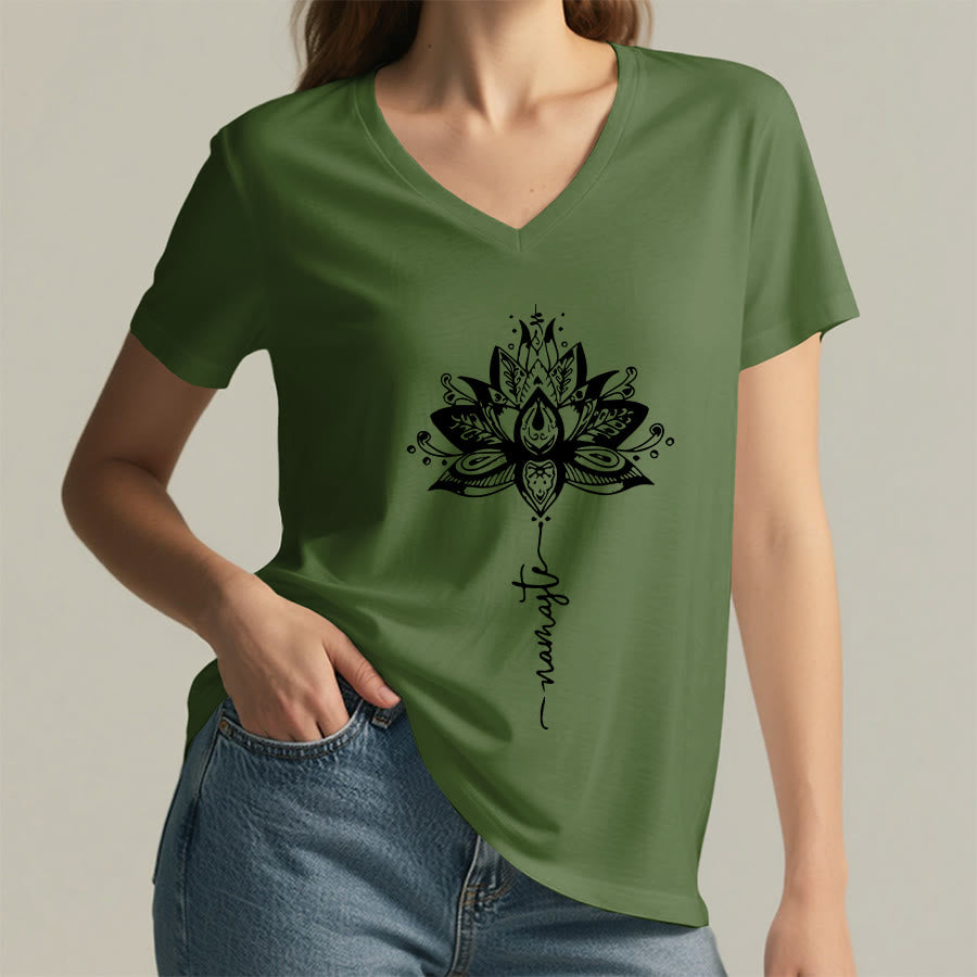 Olivenorma Intricate Lotus Mandala With Namaste Design V-Neck T-Shirt - image 26