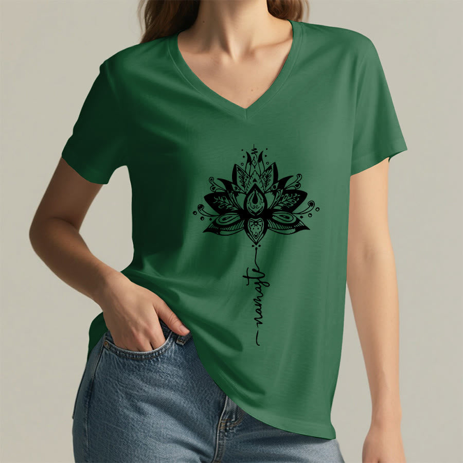 Olivenorma Intricate Lotus Mandala With Namaste Design V-Neck T-Shirt - image 23