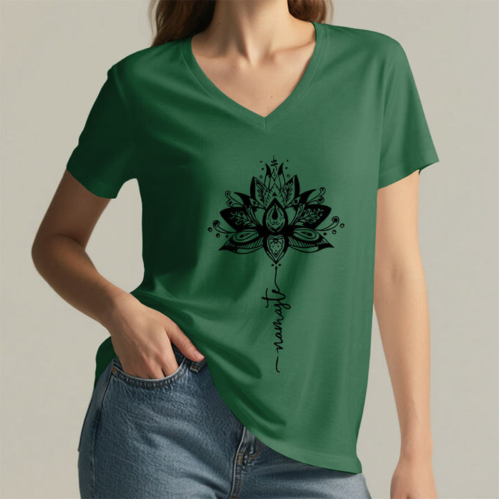 Olivenorma Intricate Lotus Mandala With Namaste Design V-Neck T-Shirt - image 23